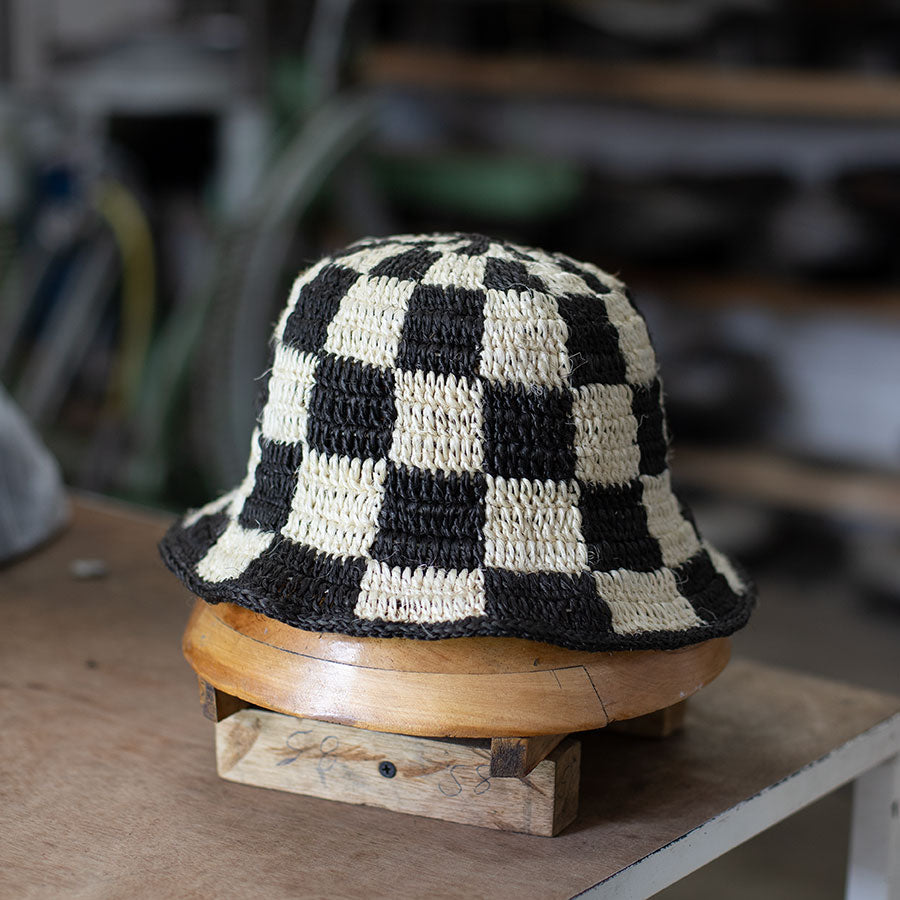 Minga Black + White Checkered Woven Bucket Hat