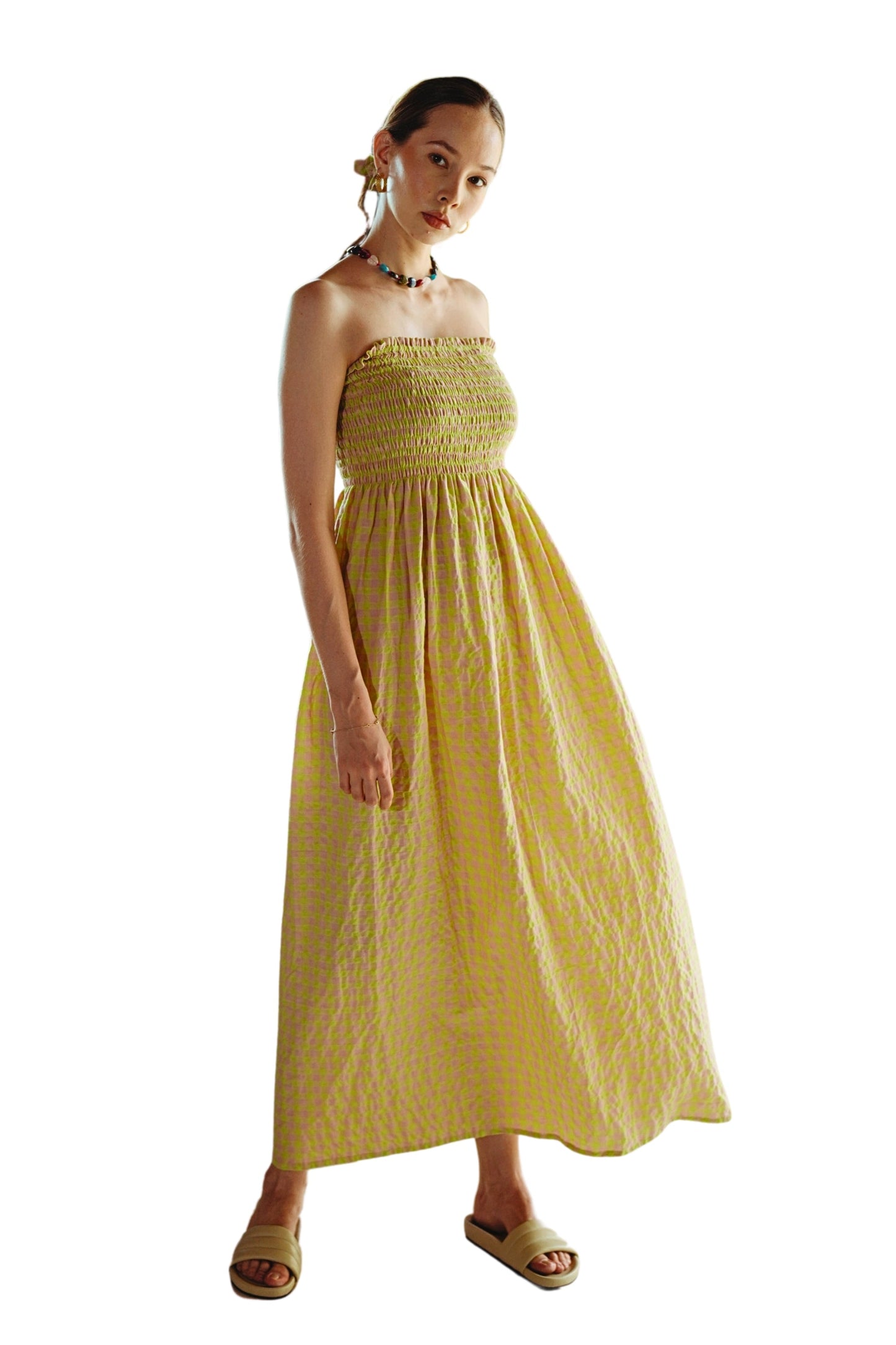 Ava Strapless Crinkle Gingham Dress in Lemonade
