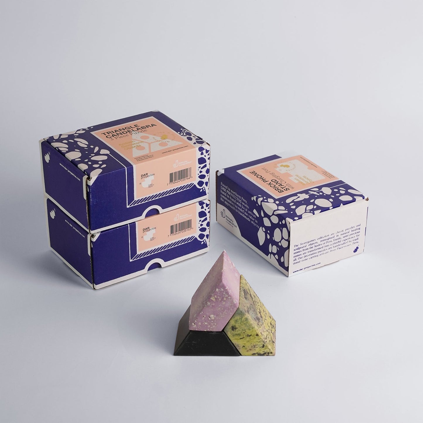 Triangle Gemstone puzzle / 3piece candelabra Serpentine, Soapstone, Jasper