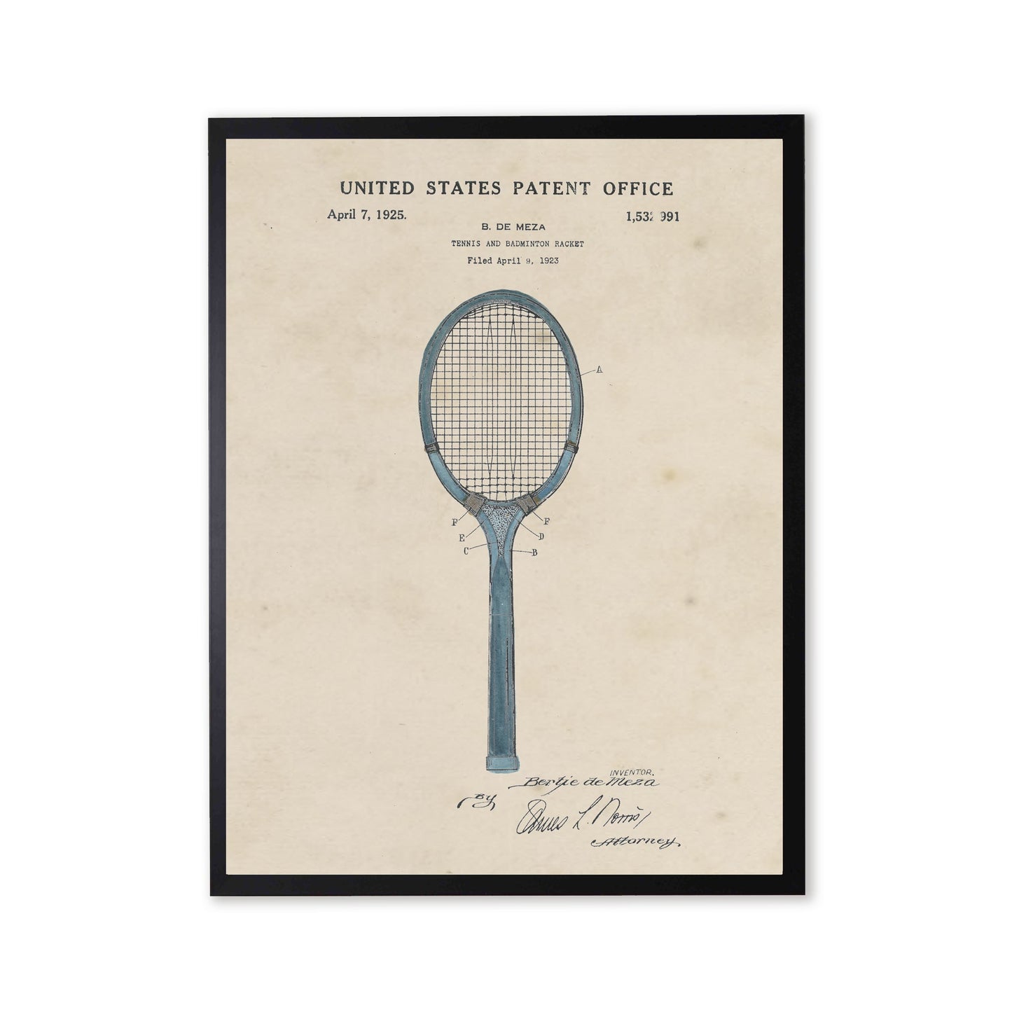 Tennis Racket Patent in Black Frame