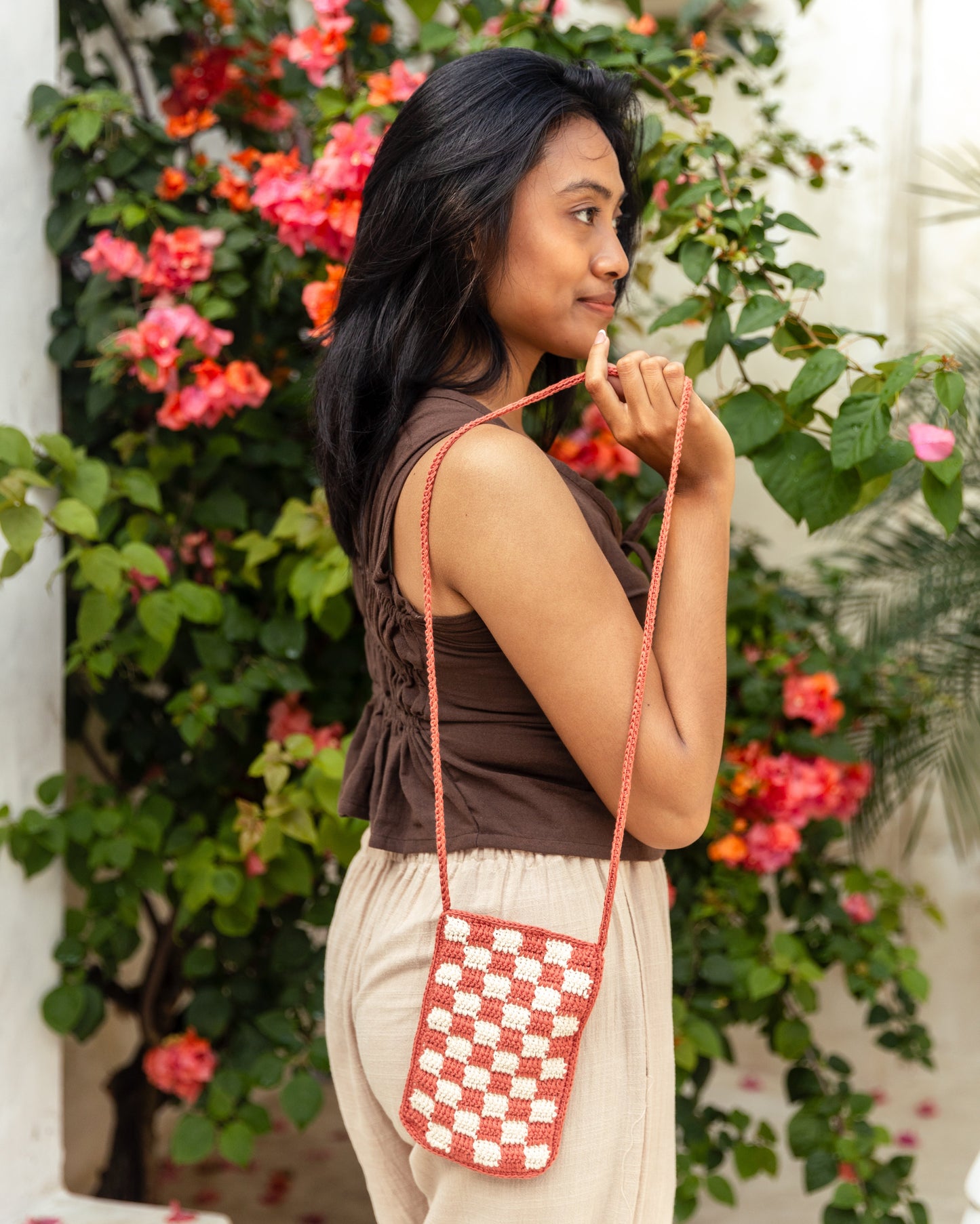 Checkered Crochet Phone Sling Bag