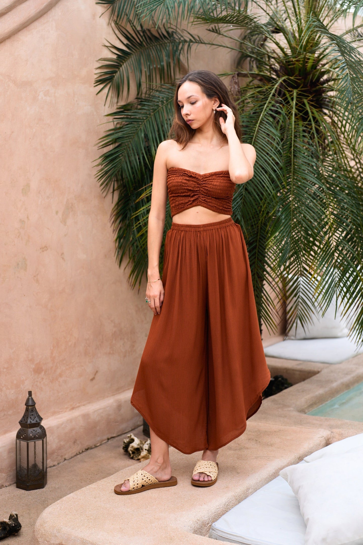 Winona Smocked Tube Top & Asymmetrical Pants Set in Terracotta