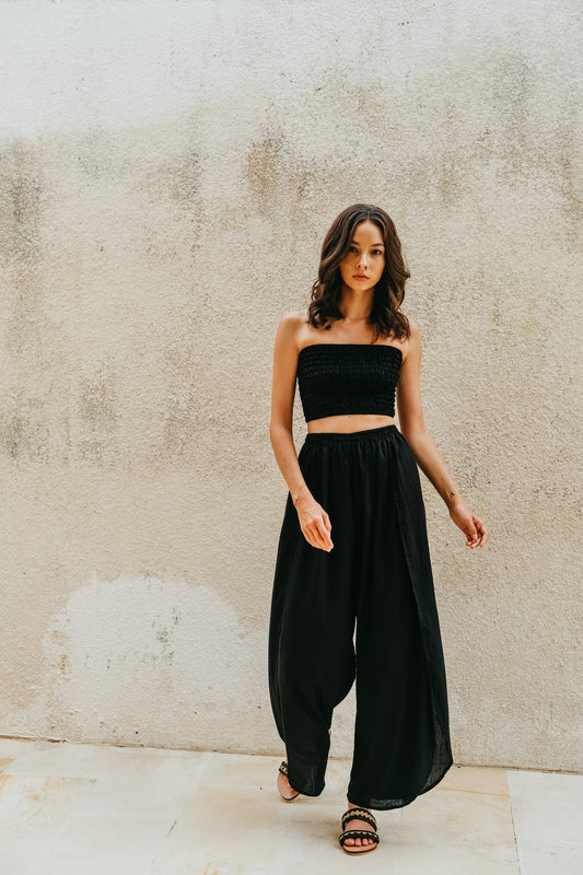 Judith Side Split Pants With Matching Tube Top Set in Black