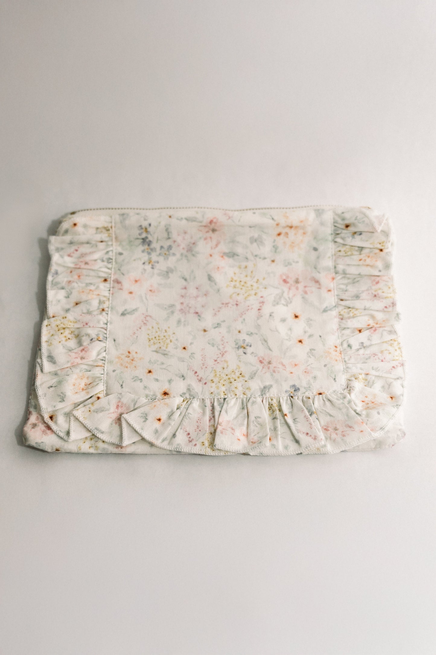 Dewdrop Meadow | Timeless Floral Ruffle Zipper Pouch | Recycled Cotton