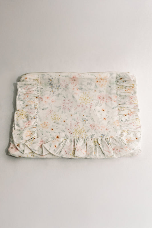 Dewdrop Meadow | Timeless Floral Ruffle Zipper Pouch | Recycled Cotton
