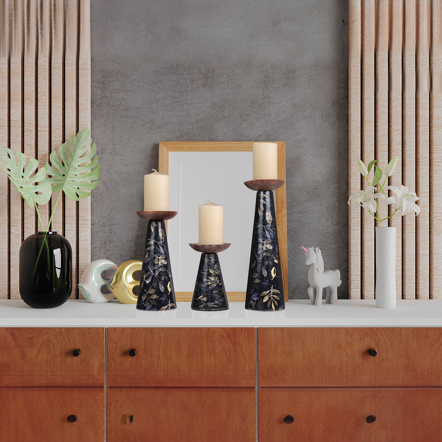 Deep Floral Pillar Candleholder Set