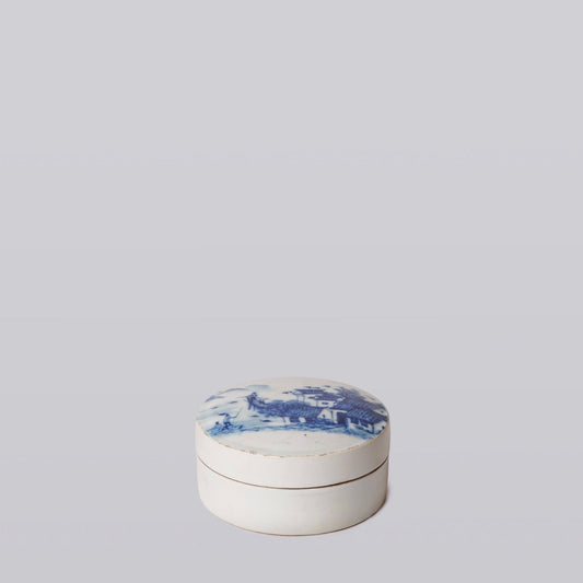 Blue and White Porcelain River Landscape Ink Box