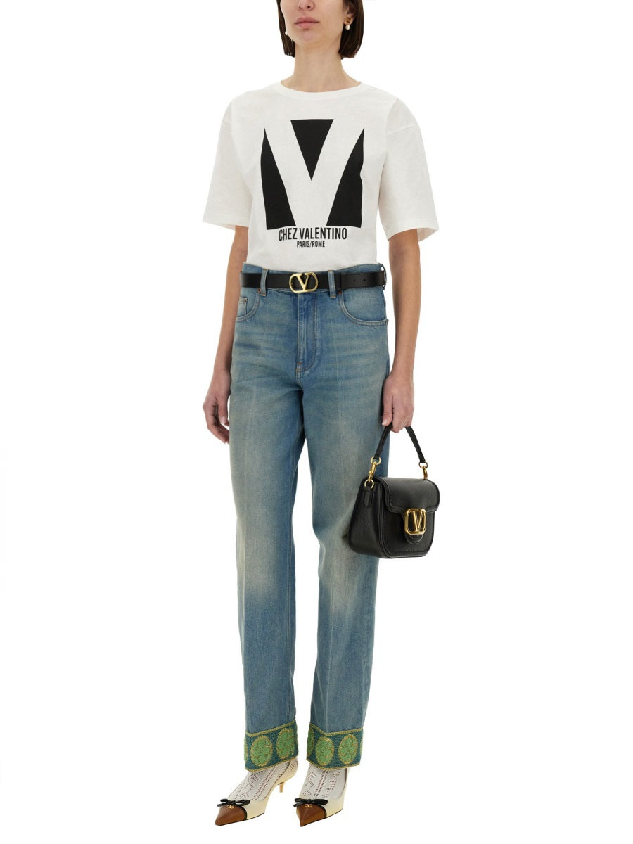 Valentino Women Denim Pants With Jacquard Edges