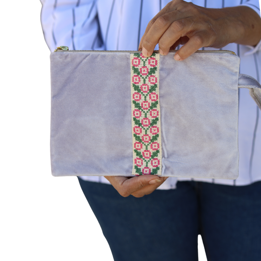 Tatreez Velvet Clutch - Gray