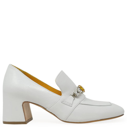 White Leather Mid Heel Jeweled Loafer
