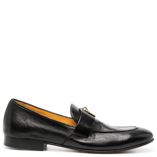 Black Leather Lock Flat Loafer