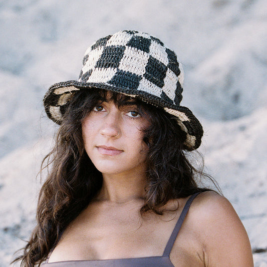 Minga Black + White Checkered Woven Bucket Hat