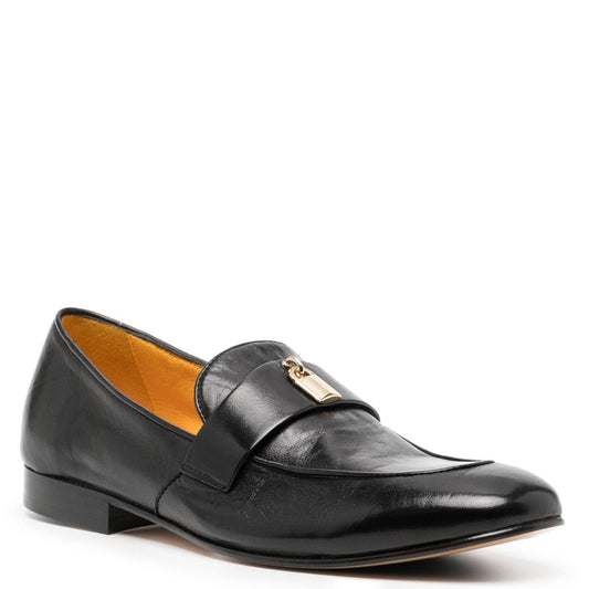 Black Leather Lock Flat Loafer