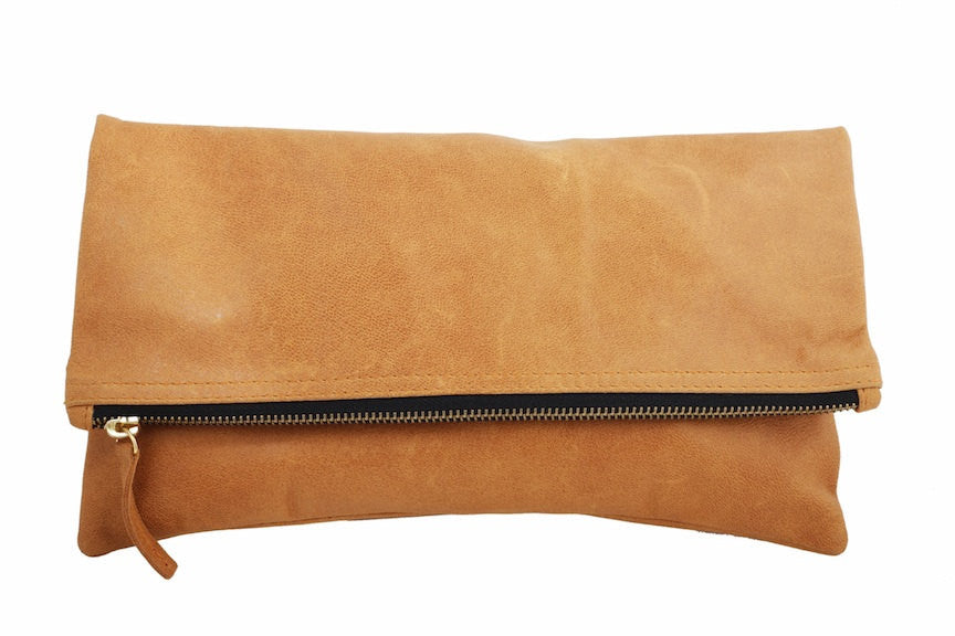 Tan Leather Fold Over Clutch