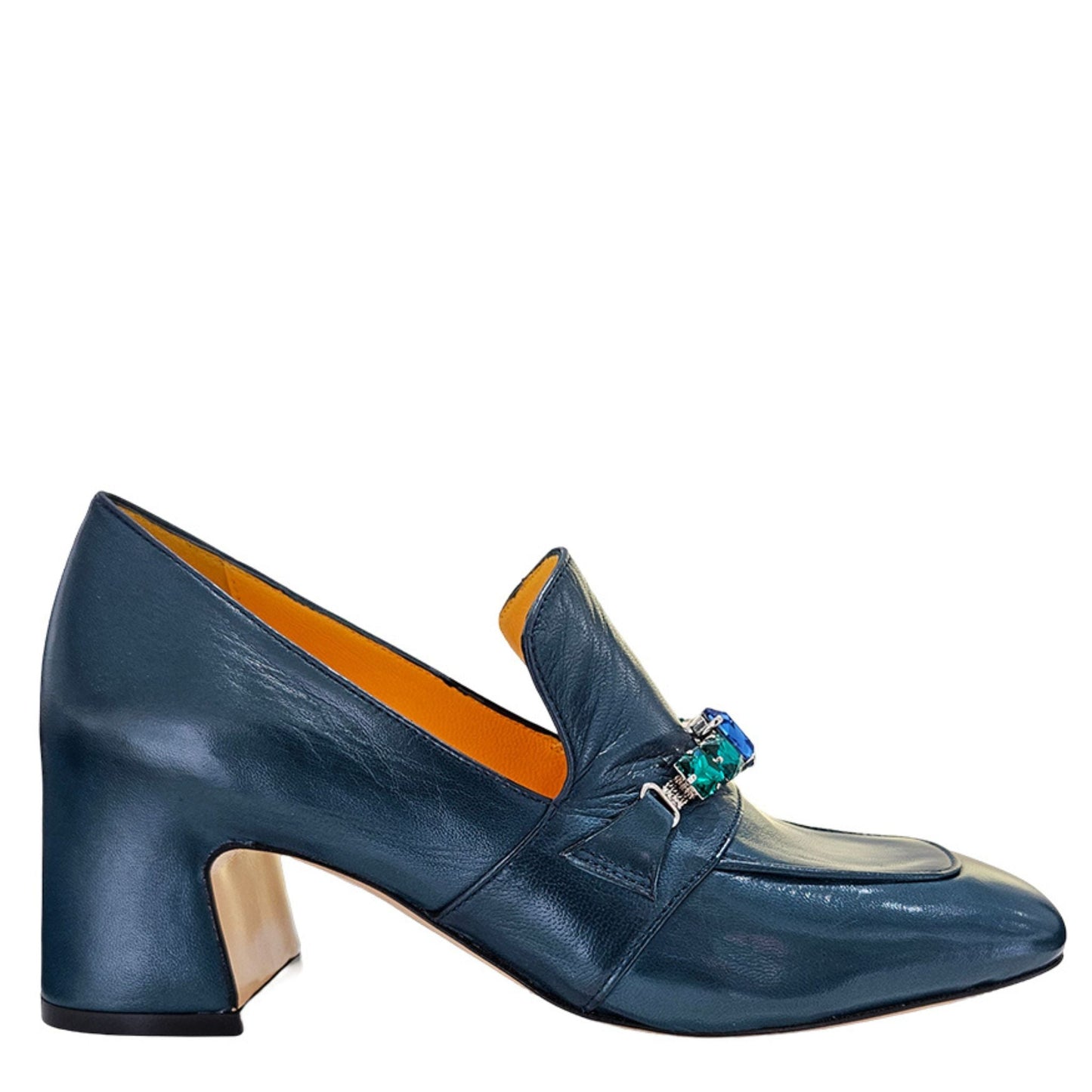 Navy Leather Mid Heel Jeweled Loafer