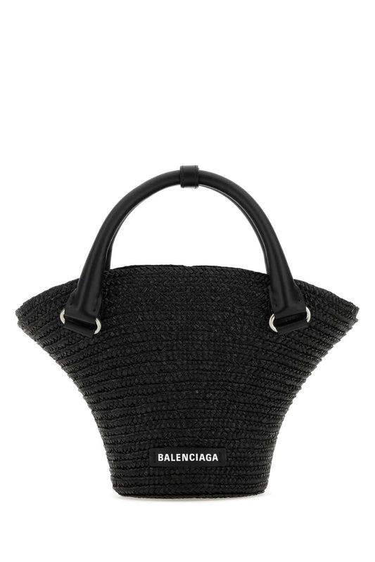 Balenciaga Women Black Straw Mini Beach Handbag