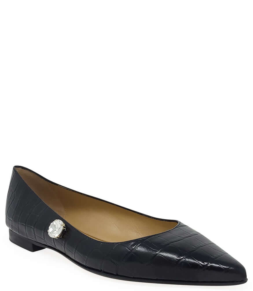 Black Leather Croc Print Flat Pointy Ballet