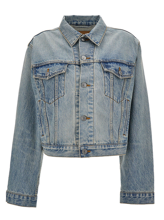 Balenciaga Women Light Blue Cropped Jacket With Logo Patch At The Back In Cotton Denim Woman