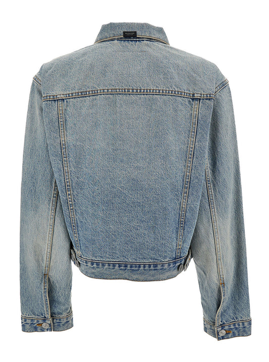 Balenciaga Women Light Blue Cropped Jacket With Logo Patch At The Back In Cotton Denim Woman