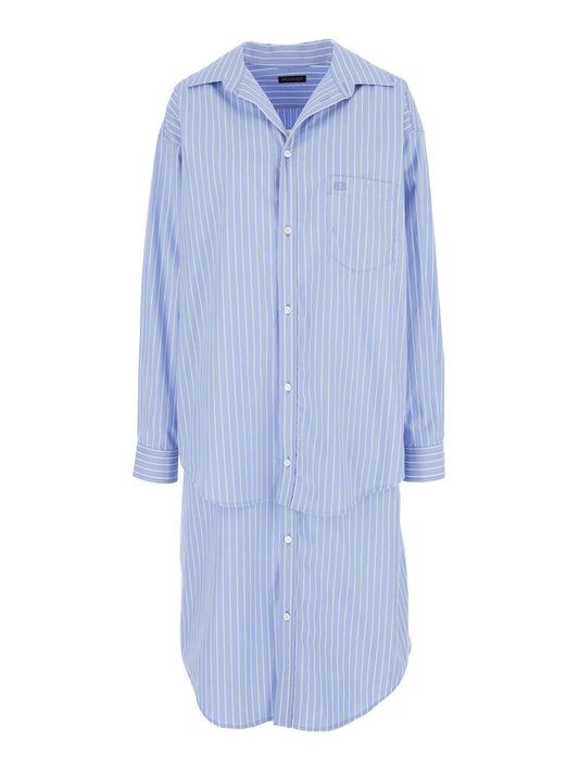 Balenciaga Women Light Blue Layered Shirt Dress With Bb Logo Embroidery In Cotton Woman