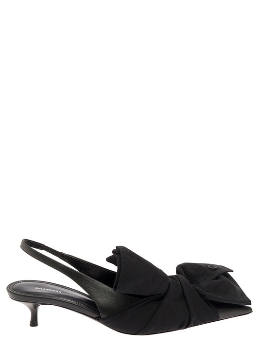 Balenciaga Women Black Slingback Pumps With Knot Detail In Leather And Cotton Woman