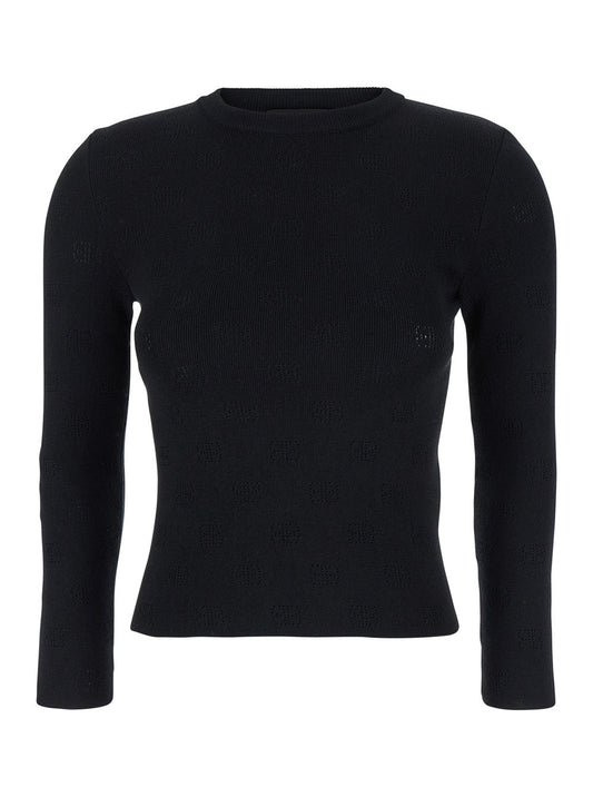 Balenciaga Women Black Sweater With All-Over Bb Motif In Open Knit Wool Woman
