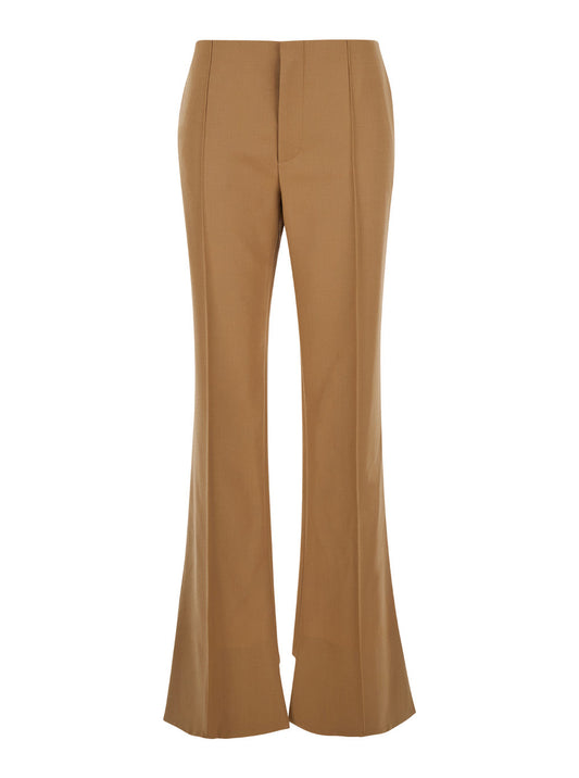 Chloé Women Beige Flared Pants With Asymmetric Hem In Grain De Poudre Wool Woman