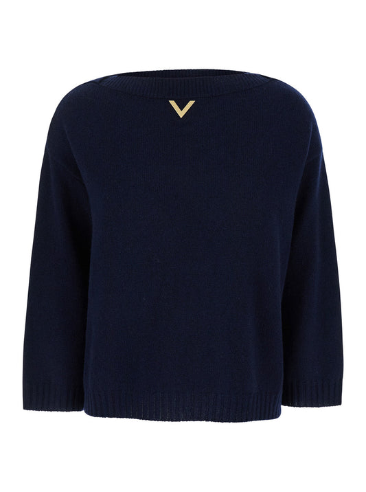 Valentino Women Blue Sweater With Vlogo Detail In Cashmere Woman