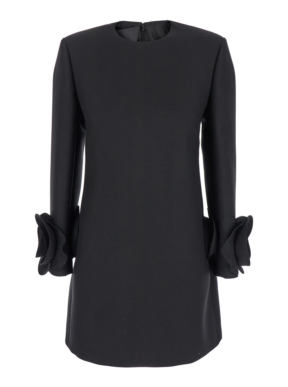 Valentino Women Black Crewneck Short Dress With Floral Detail In Wool Woman