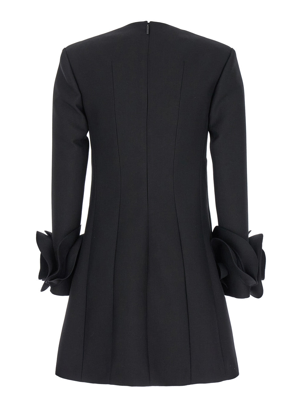 Valentino Women Black Crewneck Short Dress With Floral Detail In Wool Woman