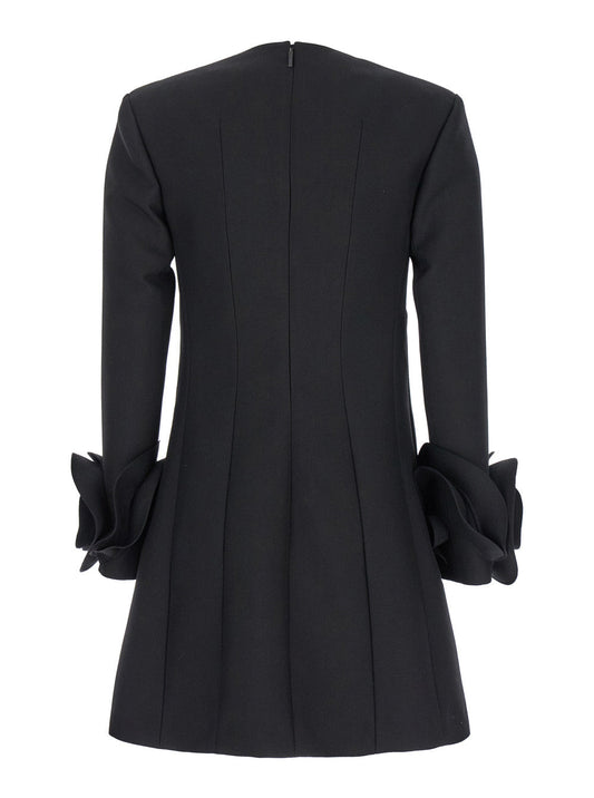 Valentino Women Black Crewneck Short Dress With Floral Detail In Wool Woman