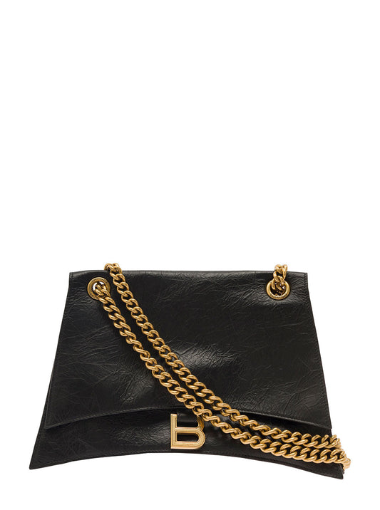Balenciaga Women 'Crus Medium' Black Shoulder Bag With B Logo Hardware In Crushed Leather Woman