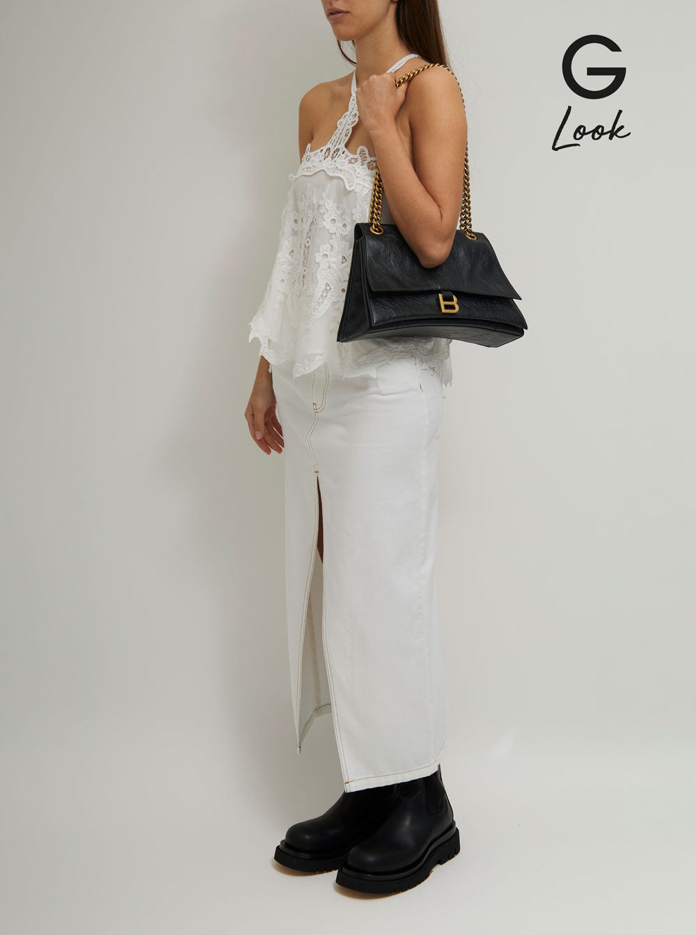 Balenciaga Women 'Crus Medium' Black Shoulder Bag With B Logo Hardware In Crushed Leather Woman