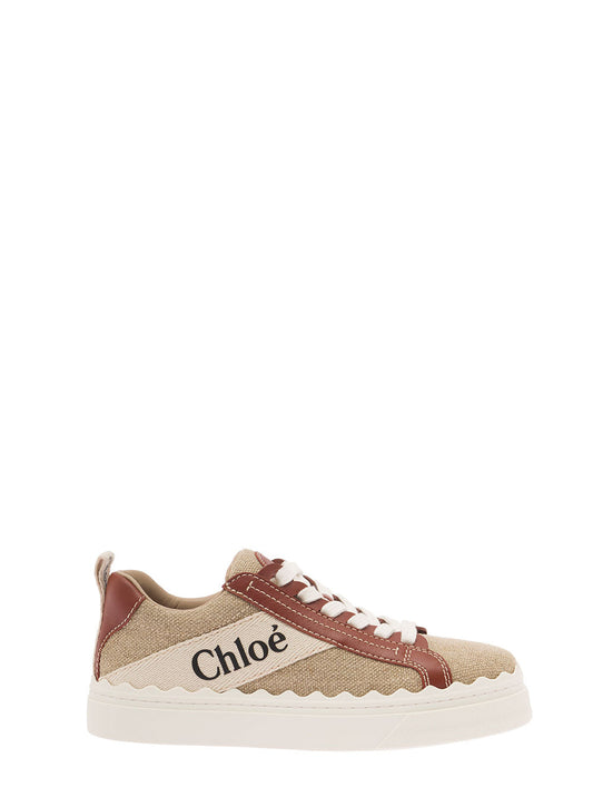 Chloé Women 'Lauren' Beige Low Top Sneakers With Logo Detail And Brown Leather Trim In Canvas Woman