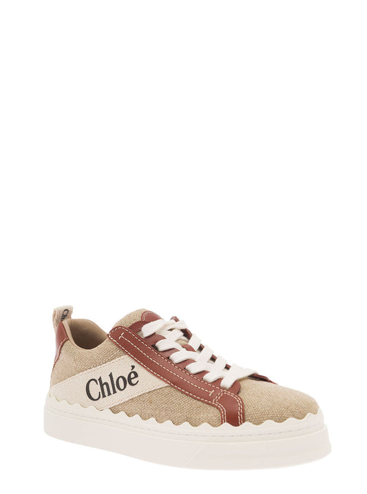 Chloé Women 'Lauren' Beige Low Top Sneakers With Logo Detail And Brown Leather Trim In Canvas Woman