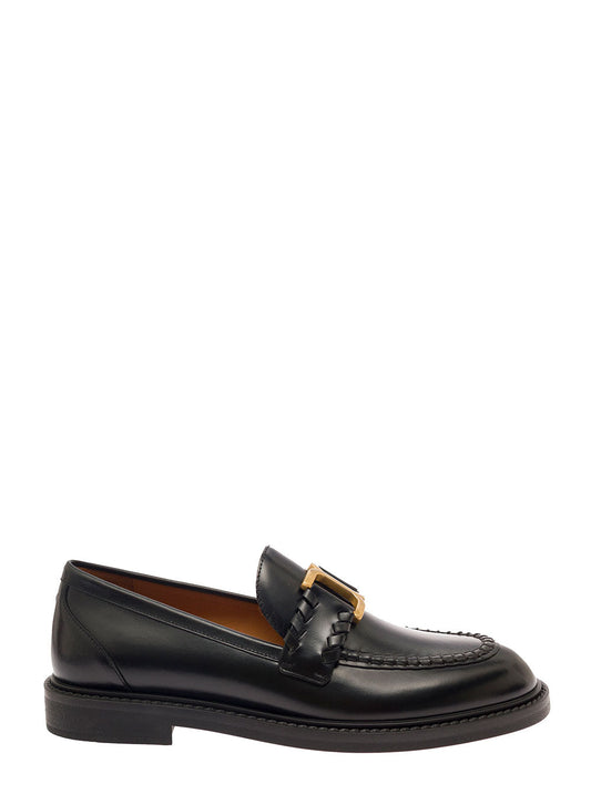 Chloé Women 'Marcie' Black Loafers With Gold-Colored Metal Logo In Smooth Leather Woman
