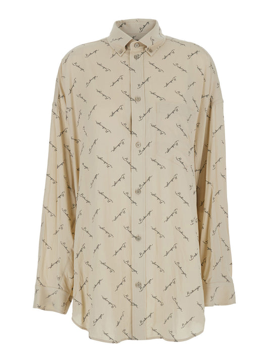 Balenciaga Women Beige Oversized Shirt With All-Over Printed Logo In Viscose Woman