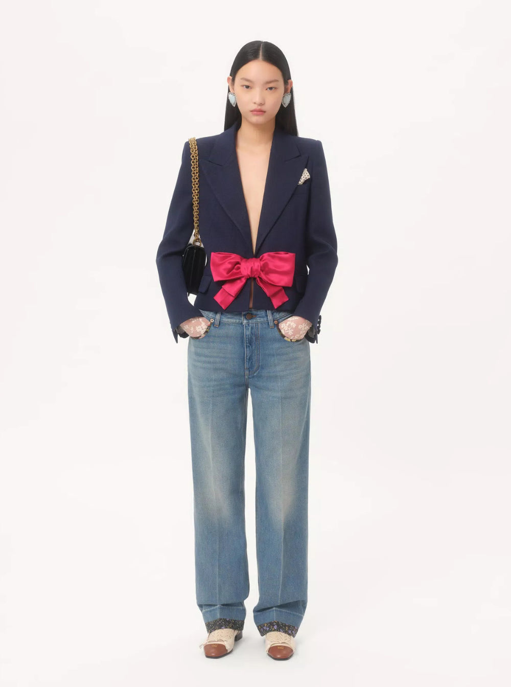 Valentino Women Blue Single-Breasted Jacket With Peak Revers And Bow On The Front In Viscose Woman