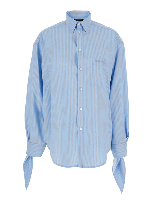 Balenciaga Women Blue Oversized Shirt With Embroidered Logo On The Front And Knotted Cuffs In Viscose Blend Woman