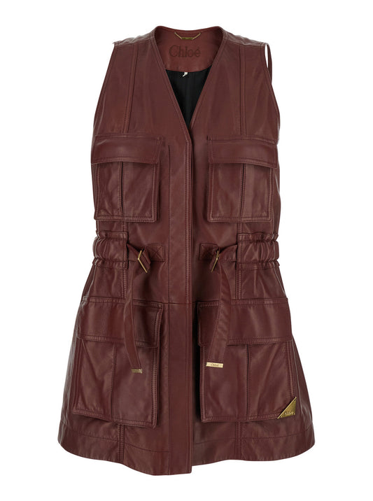 Chloé Women Bordeaux Vest With V Neck And Adjustable Belt In Leather Woman