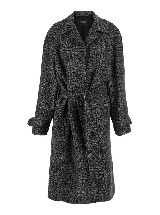Balenciaga Women Grey Coat With Wide Notched Revers And All-Over Check Motif In Wool Woman