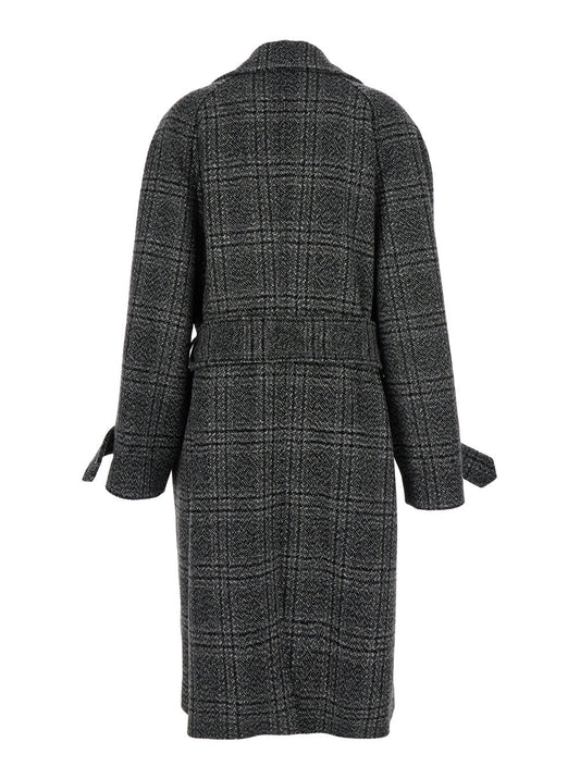 Balenciaga Women Grey Coat With Wide Notched Revers And All-Over Check Motif In Wool Woman