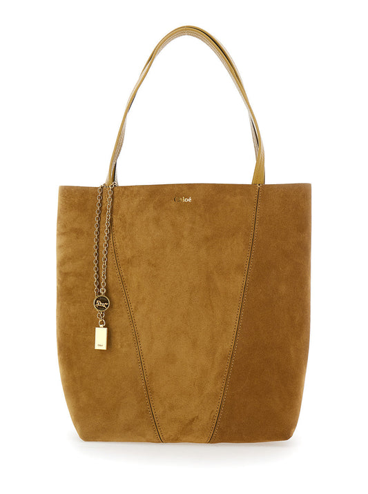 Chloé Women 'Spin' Beige Shoulder Bag With Chain-Link Detail With Logo Charm In Suede Woman