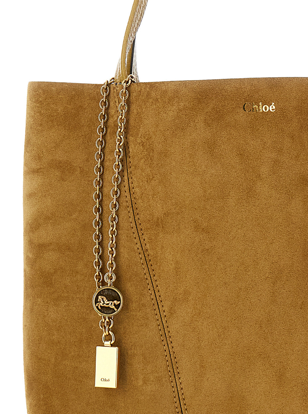 Chloé Women 'Spin' Beige Shoulder Bag With Chain-Link Detail With Logo Charm In Suede Woman