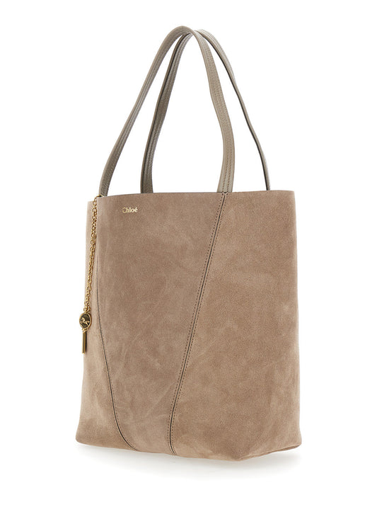 Chloé Women 'Spin' Grey Shoulder Bag With Chain-Link Detail With Logo Charm In Suede Woman