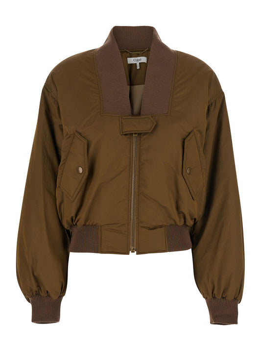 Chloé Women Brown Bomber Jacket With V Neck And Front Zip Closure In Tech Fabric Woman
