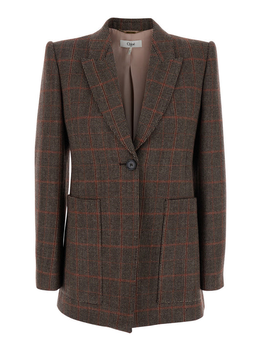 Chloé Women Brown Single-Breasted Jacket With Peak Revers And All-Over Check Motif In Wool Woman