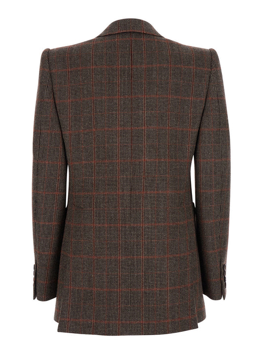 Chloé Women Brown Single-Breasted Jacket With Peak Revers And All-Over Check Motif In Wool Woman