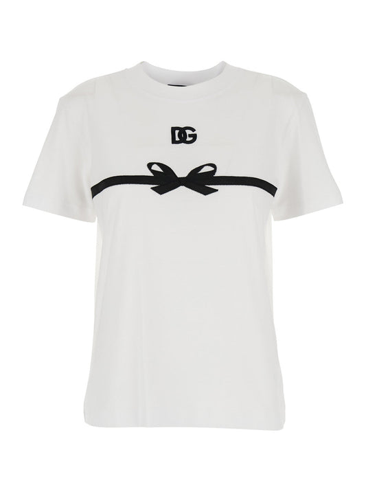 Dolce & Gabbana Women White Crewneck T-Shirt With Logo Print On The Front In Cotton Woman