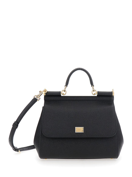 Dolce & Gabbana Women Black Handbag With Adjustable And Removable Shoulder Strap And Logo Plaque On The Front In Grained Leather Woman